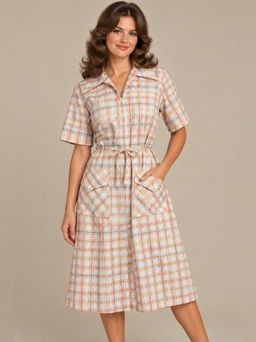 1970s vintage Sears "Zip & Dash" Perma Smooth plaid house dress VTG sz 16.5 LG